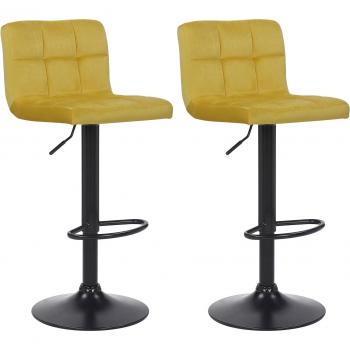 Duo de tabourets de bar en velours jaune, piètement en métal noir et design élégant
