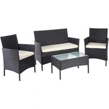 Gartenlounge MCW D82 – schwarzer Poly‑Rattan Set mit Creme‑Kissen