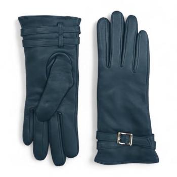 Fashionable Teal Italian Leather Buckle Gloves with Soft Wool Lining – Women’s Medium