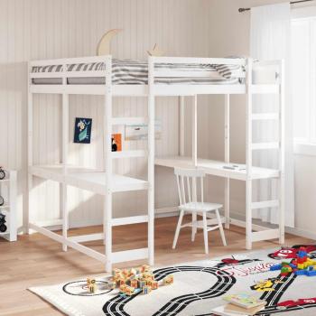 White Loft Bed with Desk and Ladder 180x200 cm Super King Solid Wood Pine vidaXL
