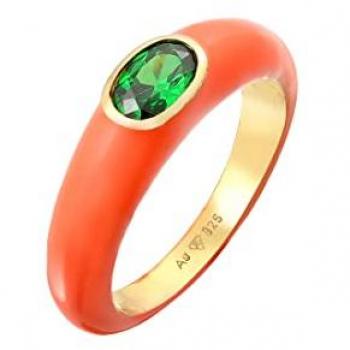 Elli Ovaler Solitärring mit Orangefarbener Emaille und Grünen Zirkonia aus 925 Sterling Silber Vergoldet