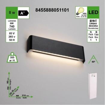 Éclairage mural LED étanche noir de style moderne 8W avec longue bande pour intérieurs et extérieurs