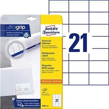 Avery 3652-10 All-purpose labels 70 x 42.3 mm Paper White 210 pc(s) Permanent adhesive