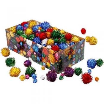 Glittery Pom-Pom Balls, 15-40mm Dia., Approx. 400mm Strand Length, 400g Bag