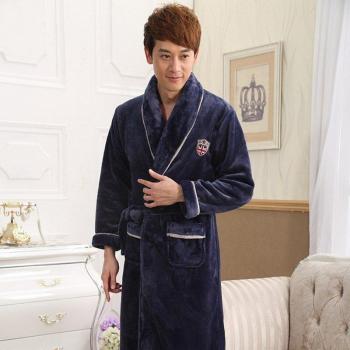 Men's Long Coral Fleece Bathrobe Solid Color Flannel Winter Pajamas