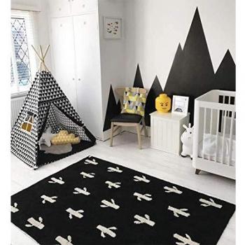 Cactus Stamp Washable Rug by Lorena Canals, Cotton Black, 140 x 200 cm