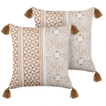 Set of 2 Light Brown and White Cushions with Aztec Pattern 45 x 45 cm Hand Block Print
