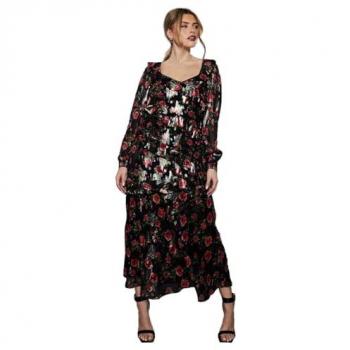 Womens Metallic Black Floral Midi Dress