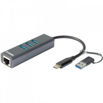 D-Link DUB‑2332 3‑port USB 3.2 Hub met Gigabit Ethernet, grijs, automatisch van stroom voorzien
