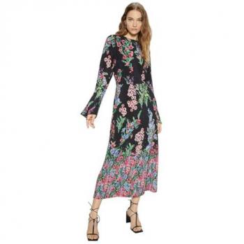 Oasis Women's Black Floral Midi Dress with Placement Border, Size 8 UK