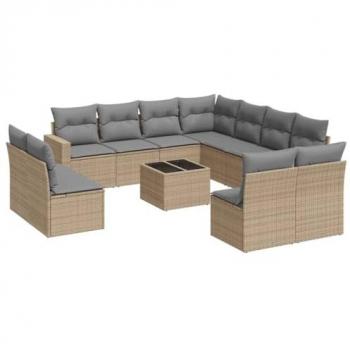 12-Piece Beige Poly Rattan Patio Sofa Set with Cushions