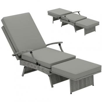 Outsunny Outdoor PE Rattan Recliner Chair with Cushion, Foldable Design, Retractable Footrest, Adjustable Back, 80° Recline, Light Grey