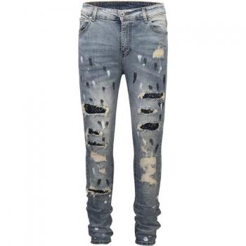 Pantalón de Denim para Hombre Estilo Callejero con Arrugas y Remaches en la Rodilla