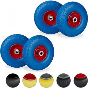MaxLoad Hand Truck Tyres Bundle – 4 Pieces, Non‑Flat Solid Rubber, 3.00‑4” Size, 20 mm Axle, 100 kg Weight, 260×85 mm, Blue & Red