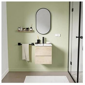 Ensemble de salle de bain 3 pièces 45cm décor chêne avec vasque, robinet noir et miroir Sorrento