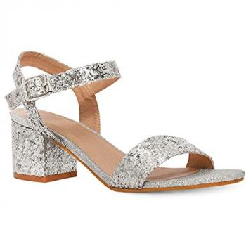 Zephyr Women's Silver Strappy Mid High Block Heels Peep Toe Sandals