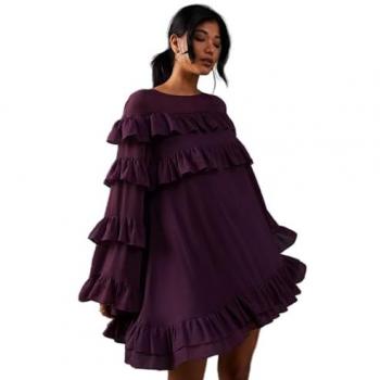 Purple Chiffon Ruffle Flared Sleeve Mini Smock Dress