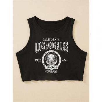 Hochstraßenmode Graphic Knapp Druck Ernte Ober Frauen Sommer Y2K Harajuku Schwarze Weste Sleeveless Schlank Panzer Ober Streetlook