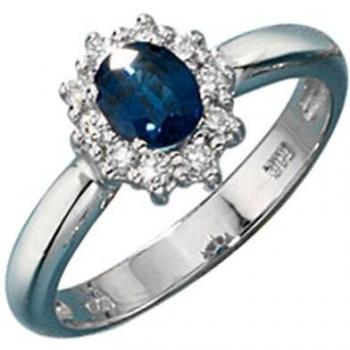JOBO Frauenring 585 Weißgold mit 10 Diamanten und einem blauen Safir – Ringgröße 56