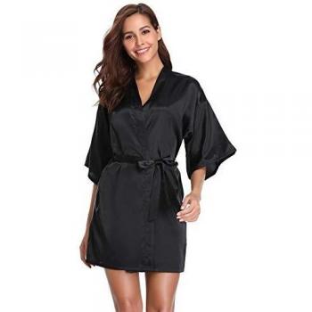 Vlazom Damen Satin Kimono Morgenmantel V-Ausschnitt mit Gürtel