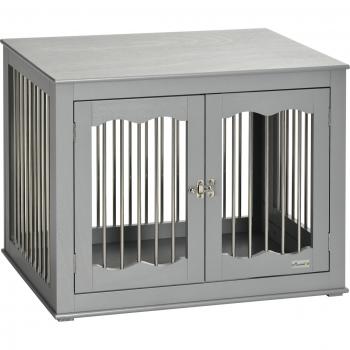 Pawhut Grey Dog Crate End Table for Medium Dogs with Three Doors