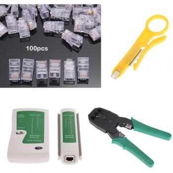 RJ45 Crimping Tool Kit with 100 Connectors and Cable Tester for Cat5/Cat6