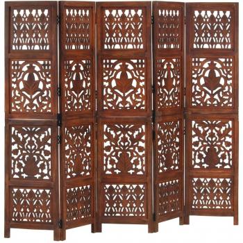Mango Wood Hand Carved 5-Panel Room Divider Brown 200x165 cm