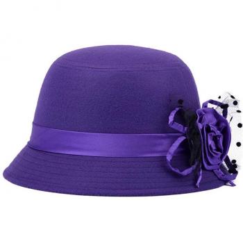 Sombrero de Invierno para Mujer, Fedora Vintage de Lana Imitación con Flor y Lazo, SER88