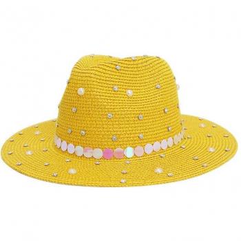 Chapeau de paille à paillettes pour femmes avec ruban de perles