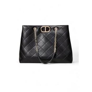 Borsa shopper TWINSET in pelle sintetica trapuntata nera con chiusura Oval T e manici in catena, Taglia Unica