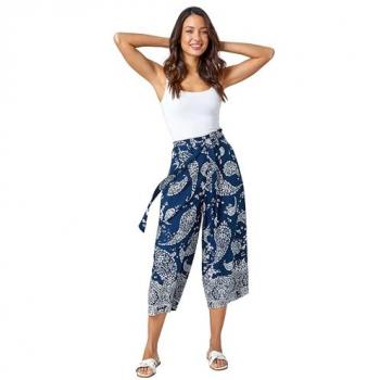 Roman Originals Wide Leg Cropped Pants with Tie Detail – Slimming High Waist