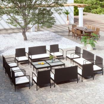 16-Piece Black Poly Rattan Patio Furniture Set with Cushions