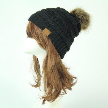 Ski Cap with Faux Fur Pom Pom for Women