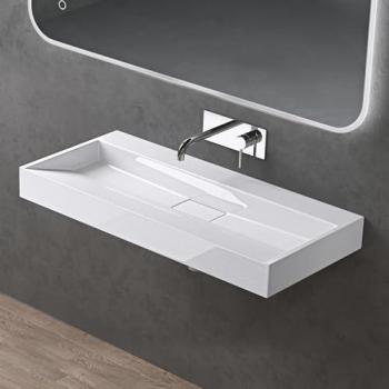 Vasque blanche de 100 × 46 × 11 cm, lavabo suspendu, sans trou, robinet intégré – Colossum 19‑1000