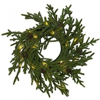Couronne décorative LED Wild Lummer – 20 ampoules, pommes de pin incluses, alimentation par batterie + minuteur, vert, Ø 38 cm