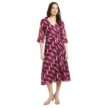 Debenhams Berry Abstract Organza Belted Midi Dress (Size 12)