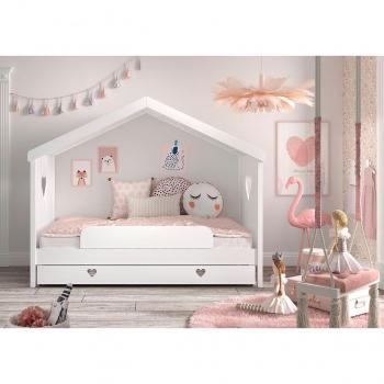 Hausbett Amori mit Liegefläche 90 x 200 cm, Rolllattenrost, Absturzschutz und Bettschublade, Kiefer und MDF, weiß