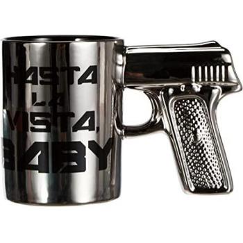Silberfarbener Becher „Hasta la vista Baby“ mit Pistole‑Griff – ca. 16 × 10 cm