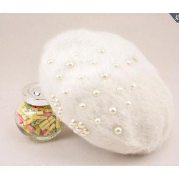 Autumn Winter Wool Beret Hat for Women with Genuine Pearls