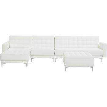 Divano Letto Angolare Moderno in Ecopelle Bianca Capitonnè a 5 Posti con Ottomana Chaise Longue Destra