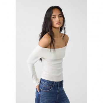 Stradivarius Off-Shoulder T-Shirt Ecru XS