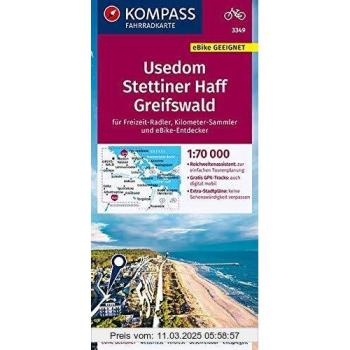 KOMPASS Fahrradkarte Usedom, Stettiner Haff, Greifswald 1:70.000, FK 3349: reiß