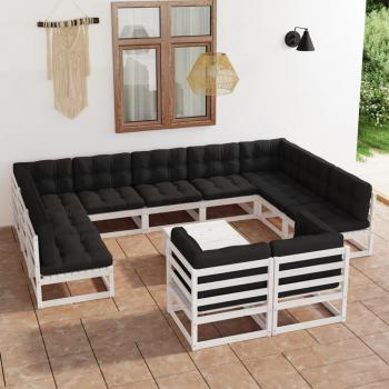 Set Lounge da Giardino 12 pz Cuscini Bianchi in Pino Massello