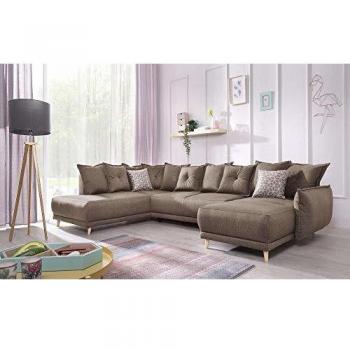Canapé d'angle panoramique convertible « Bobochic » – 7 places, gauche – tissu marron – 312 × 85 × 191 cm