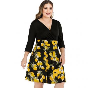 Plus Size Lemon Print 3/4 Sleeve Dress