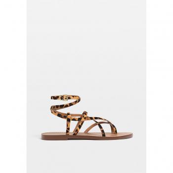 Stradivarius Flat Strappy Leather Sandals Leopard Print Combined 10