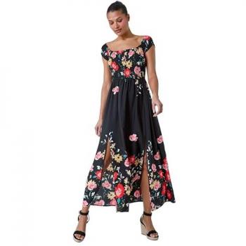 Roman Black Floral Shirred Bardot Maxi Dress – Black, UK Size 12