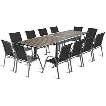 IDMarket Ensemble de Jardin Poly Gris Foncé Table 135-270 cm et 12 Chaises