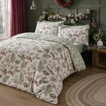 Dreams & Drapes 'Winter Sprigs' Watercolour Print 100% Brushed Cotton Duvet Cover Set in Green | Size: Single