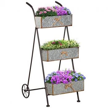 Jardinière Chariot sur Pied 3 Niveaux Pliable Style Rural Chic avec Roues et Poignées en Métal Martelé Effet Vieilli